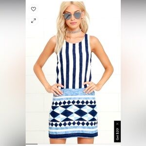 Lulus Women's Multitask-Queen Ivory Blue Print Shift‎ Dress